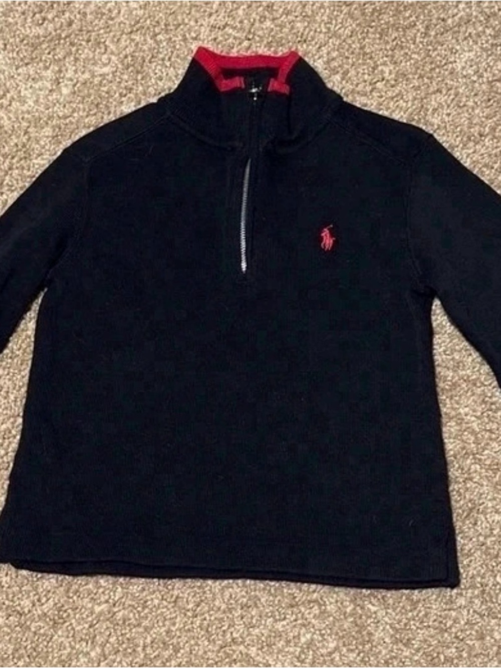 Polo by Ralph Lauren Black Quarter-Zip Pullover with Red Logo and Collar Trim